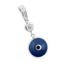 14K White Gold 0.10ct Diamond Blue Evil Eye Pendant 3/8in (10mm)