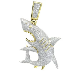 Large Fully Paved Diamond Shark Pendant For Men 10K Yellow Gold Jaws Charm 1.5ct