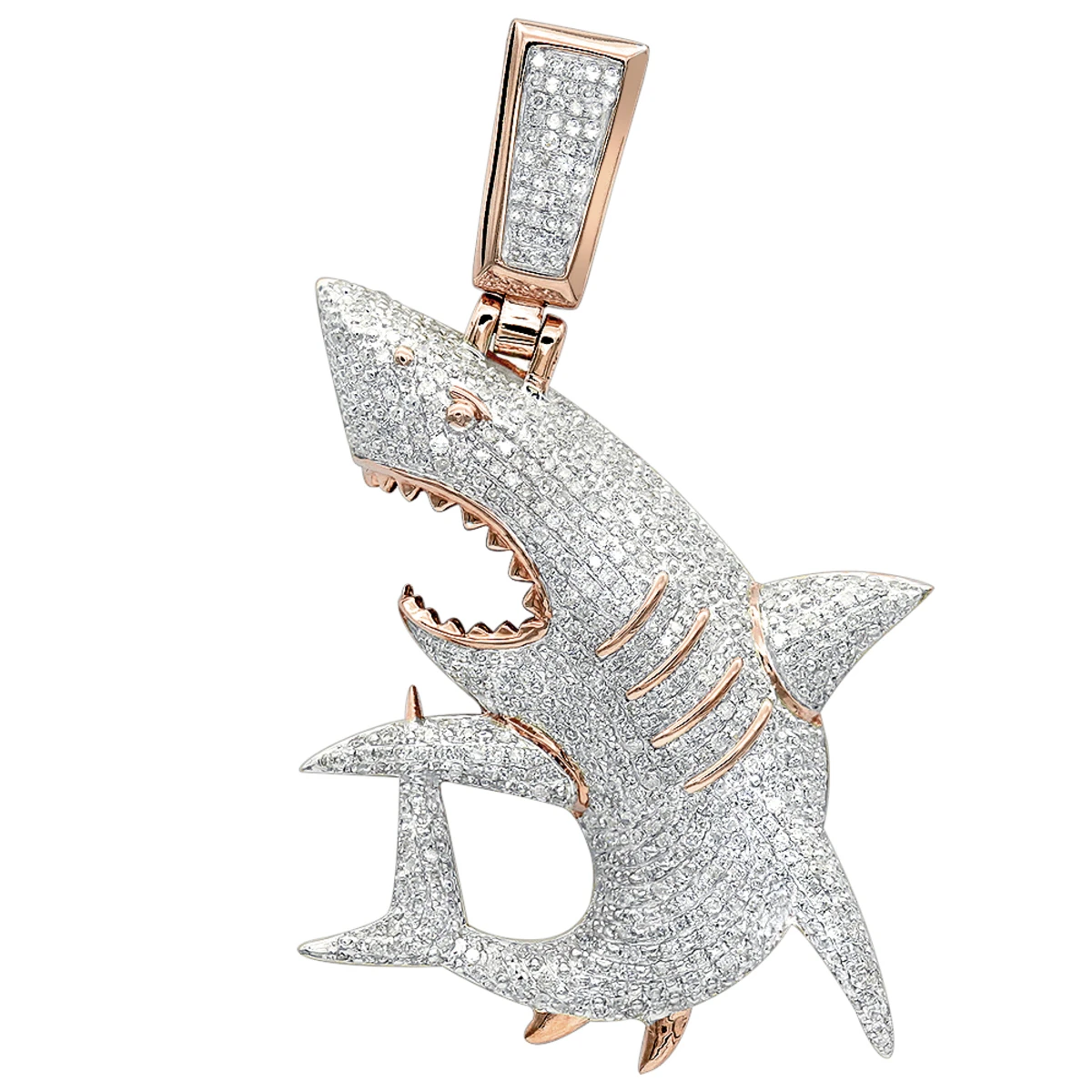 Large Fully Paved Diamond Shark Pendant For Men 10K Yellow Gold Jaws Charm 1.5ct 3 Large Fully Paved Diamond Shark Pendant For Men 10K Yellow Gold Jaws Charm 1.5ct - Image 3