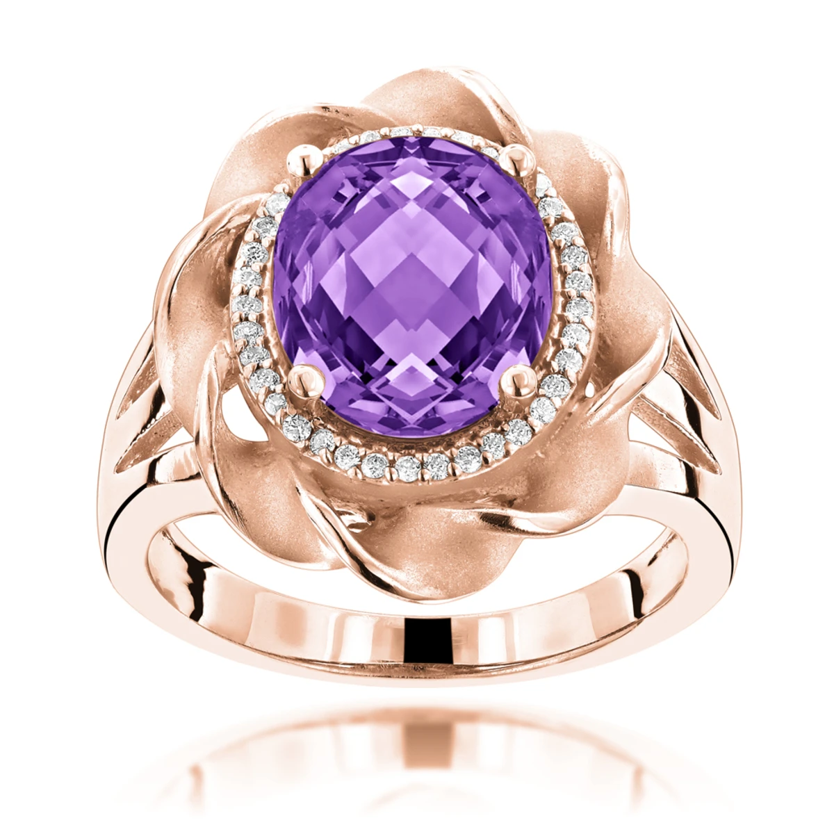 14K White Gold Amethyst Diamond Flower Ring 0.13ct 3 14K White Gold Amethyst Diamond Flower Ring 0.13ct - Image 3