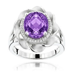 14K White Gold Amethyst Diamond Flower Ring 0.13ct
