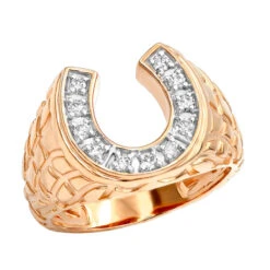 Good Luck Men's 14K Yellow Gold Nugget Horseshoe Diamond Ring 0.5ct By Luxurman -Luxurman good luck mens 14k gold nugget horseshoe diamond ring 05ct by luxurman ro
