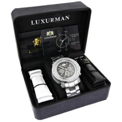 Heavy Men's Diamond Watch Luxurman Escalade 0.75ct Black MOP -Luxurman heavy mens diamond watch luxurman escalade 075ct black mop box