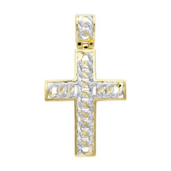 Hip Hop 10K Yellow Gold Cuban Link Chain Diamond Cross Pendant For Men