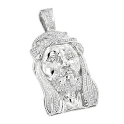 Real Hip Hop Large 14K White Gold Diamond Jesus Face Pendant 7ct