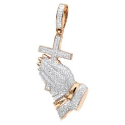 Hip Hop 10K Yellow Gold Praying Hands And Cross Diamond Pendant For Men -Luxurman hip hop jewelry praying hands and cross diamond pendant for men 10k gold ro