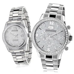 His And Hers Stainless Steel Luxurman Diamond Watch Set 3.5ct