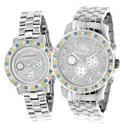 His And Hers White Blue Yellow Diamond Watch Set 5.25ct Luxurman