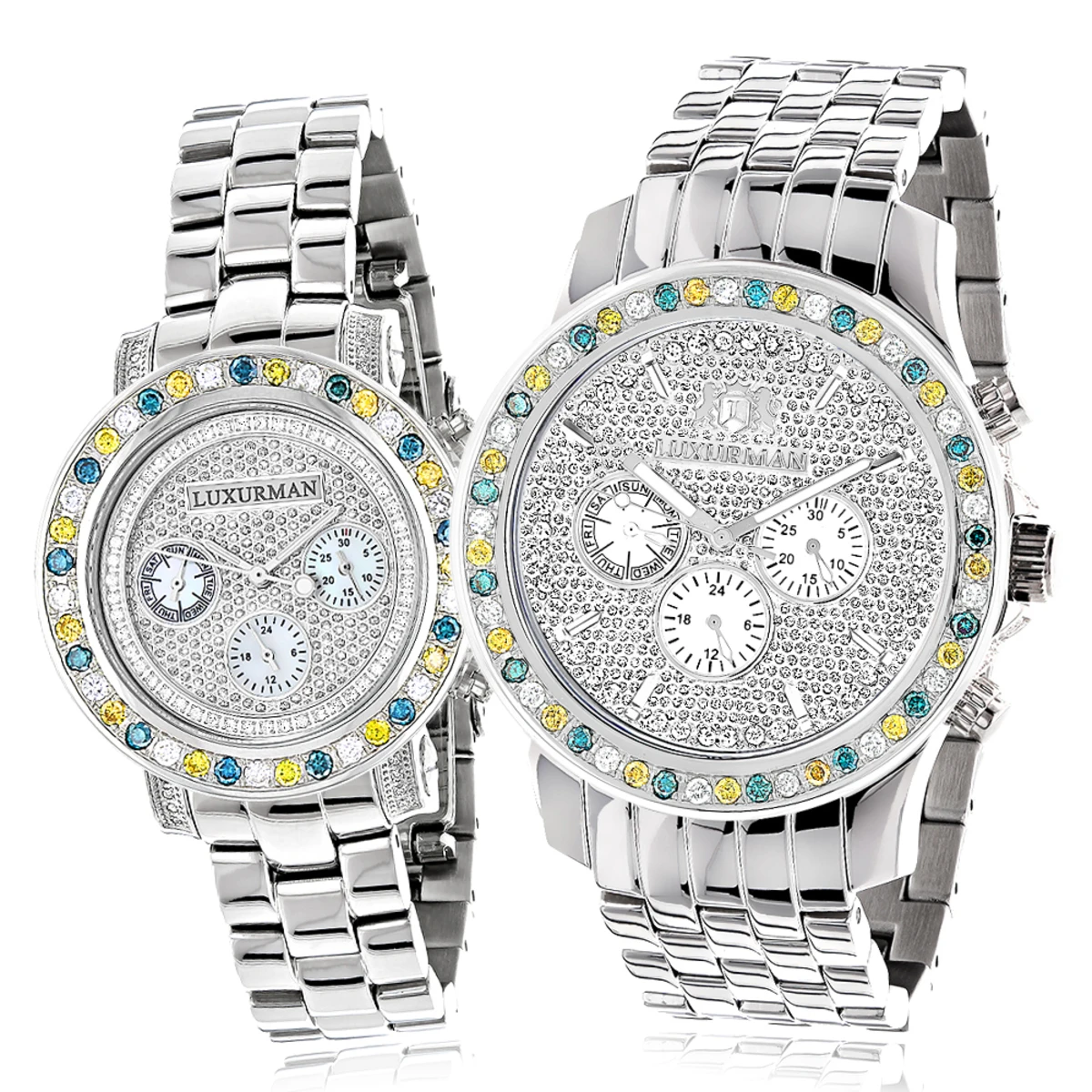 His And Hers White Blue Yellow Diamond Watch Set 5.25ct Luxurman 1 His And Hers White Blue Yellow Diamond Watch Set 5.25ct Luxurman
