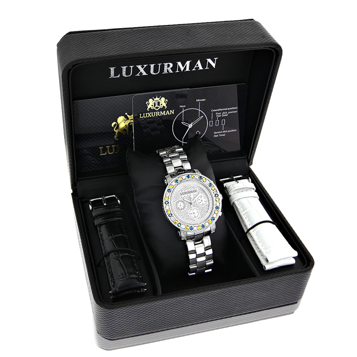 His And Hers White Blue Yellow Diamond Watch Set 5.25ct Luxurman 5 His And Hers White Blue Yellow Diamond Watch Set 5.25ct Luxurman - Image 5