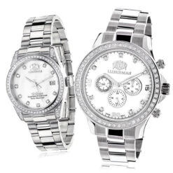 His And Hers White Gold Pltd Luxurman Diamond Watch Set 3.5ct