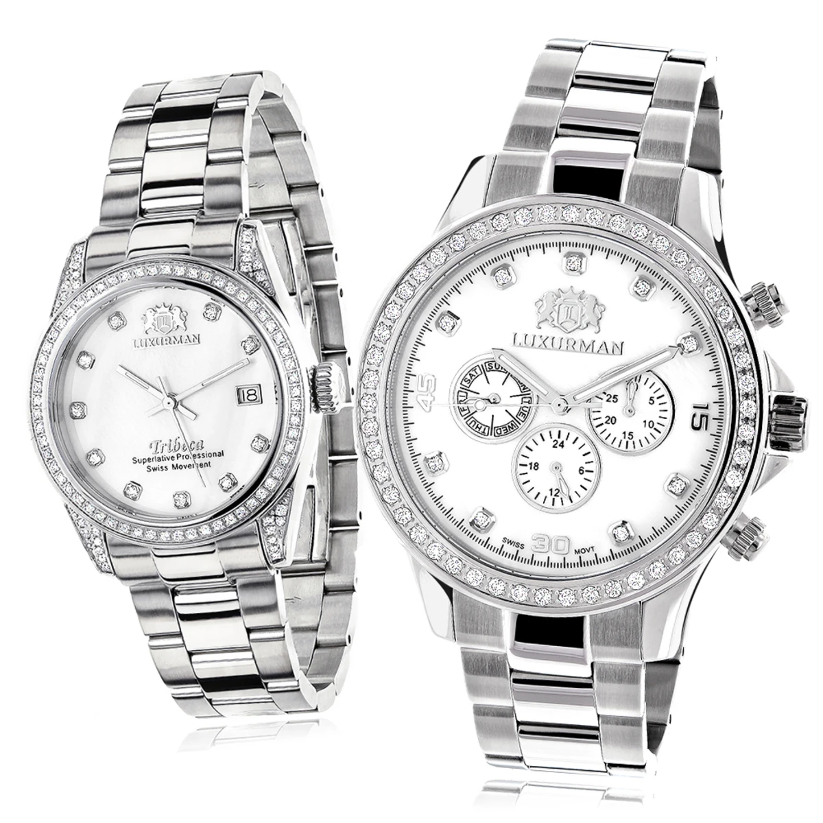 His And Hers White Gold Pltd Luxurman Diamond Watch Set 3.5ct 1 His And Hers White Gold Pltd Luxurman Diamond Watch Set 3.5ct