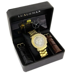 His And Hers Yellow Gold Plated Luxurman Diamond Watch Set 0.55ct -Luxurman his and hers watches yellow gold plated luxurman diamond watch set 055ct