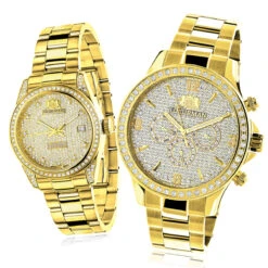 His And Hers Yellow Gold Plated Luxurman Diamond Watch Set 3.5ct