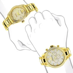 His And Hers Yellow Gold Plated Luxurman Diamond Watch Set 3.5ct -Luxurman his and hers watches yellow gold plated luxurman diamond watch set 35ct 3