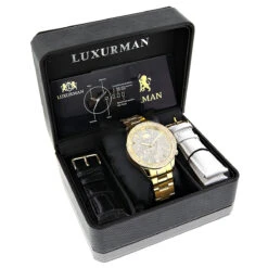 His And Hers Yellow Gold Plated Luxurman Diamond Watch Set 3.5ct -Luxurman his and hers watches yellow gold plated luxurman diamond watch set 35ct 4