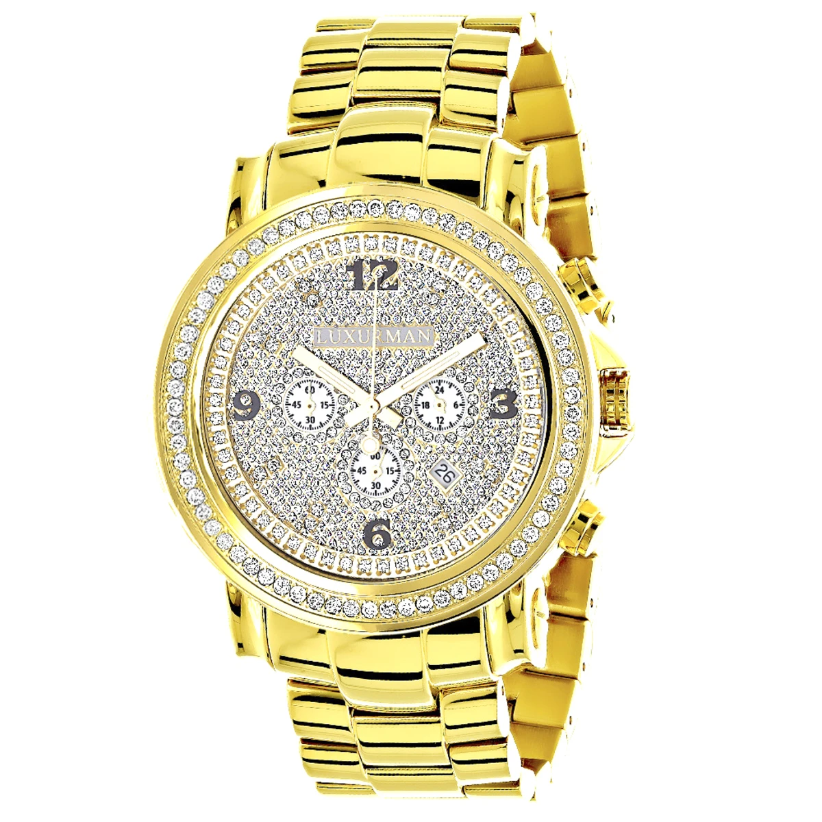 Iced Out Luxurman Large Diamond Bezel Watch For Men Yellow Gold Plated 2.5ct 1 Iced Out Luxurman Large Diamond Bezel Watch For Men Yellow Gold Plated 2.5ct