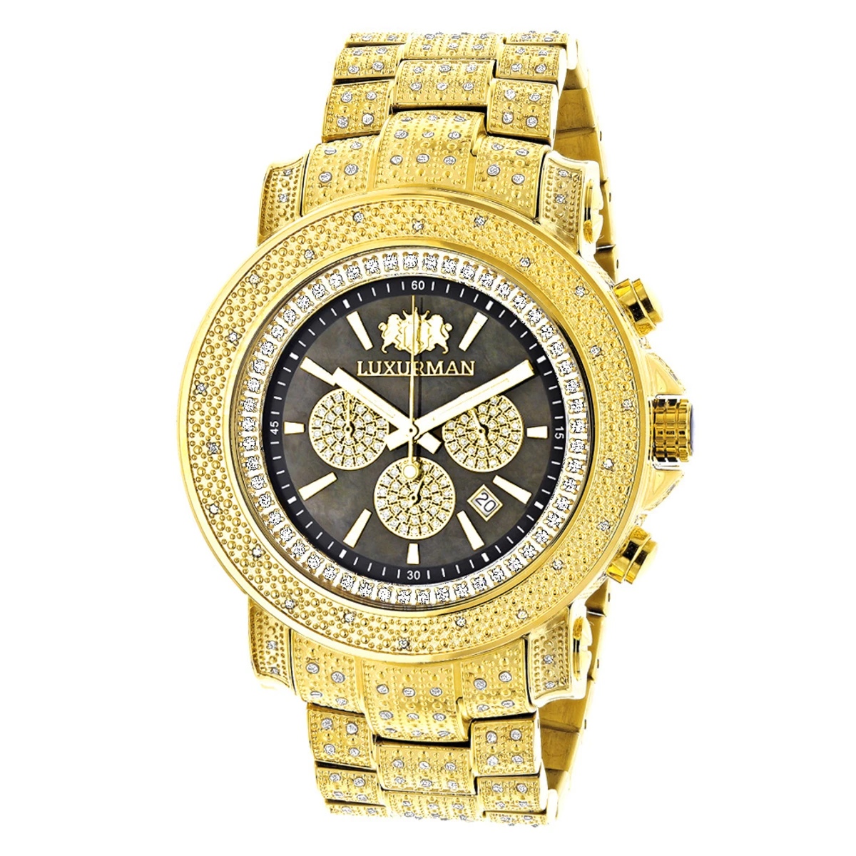 Iced Out Men's Diamond Watch Luxurman 2ct Yellow Gold Plated 1 Iced Out Men's Diamond Watch Luxurman 2ct Yellow Gold Plated