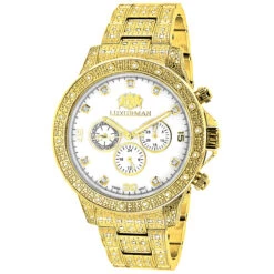 Iced Out Men's Luxurman Watch With Diamond Band 1.25ct Yellow Gold