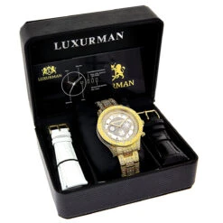 Iced Out Men's Luxurman Watch With Diamond Band 1.25ct Yellow Gold Plated -Luxurman iced out mens luxurman watch with diamond band 125ct yellow gold 9