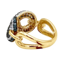 Unique Ladies White Blue Black Diamonds Infinity Sign Cocktail 14K White Gold -Luxurman infinity sign white black blue diamond cocktail ring for women in 14k gold 100481 back yellow