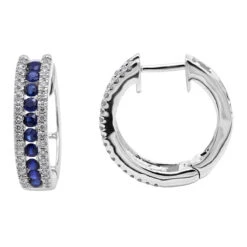 14K White Gold Natural Blue Sapphire And Diamond Huggie Earrings For Women 1ct