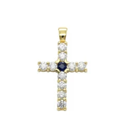 14K Yellow Gold Sapphire And Diamond Ladies Cross Pendant 1.32ct By Luxurman