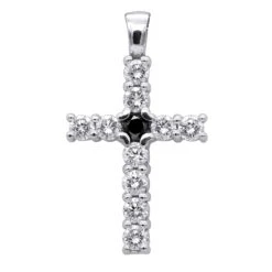 14K White Gold White And Black Diamond Cross Pendant For Men & Women 1.33ct