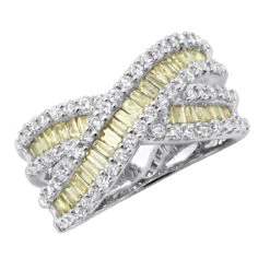 14K White Gold White Yellow Diamond Statement Criss Cross Ring For Women 2 Carats