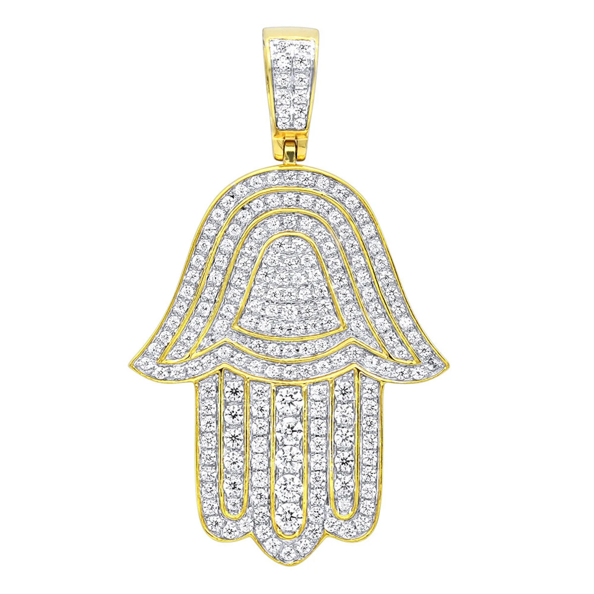 Jewish Large Iced Out Hamsa Hand Pendant 14K Yellow Gold 2CT Diamond Charm 1 Jewish Large Iced Out Hamsa Hand Pendant 14K Yellow Gold 2CT Diamond Charm
