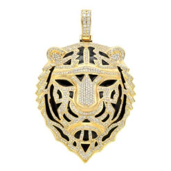 Large 14K Yellow Gold Men's Diamond Tiger Pendant With Black Enamel 10 Carats