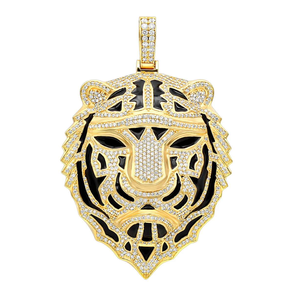 Large 14K Yellow Gold Men's Diamond Tiger Pendant With Black Enamel 10 Carats 1 Large 14K Yellow Gold Men's Diamond Tiger Pendant With Black Enamel 10 Carats