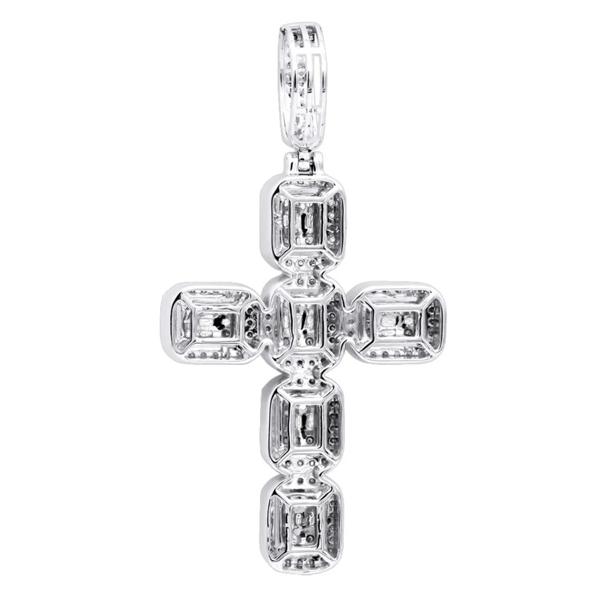 Large 2in Unique Men's Diamond Cross Pendant 14K White Gold Round Baguette Diamonds 4 Large 2in Unique Men's Diamond Cross Pendant 14K White Gold Round Baguette Diamonds - Image 4