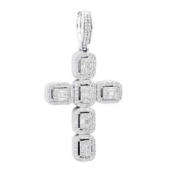 Large 2in Unique Men's Diamond Cross Pendant 14K White Gold Round Baguette Diamonds