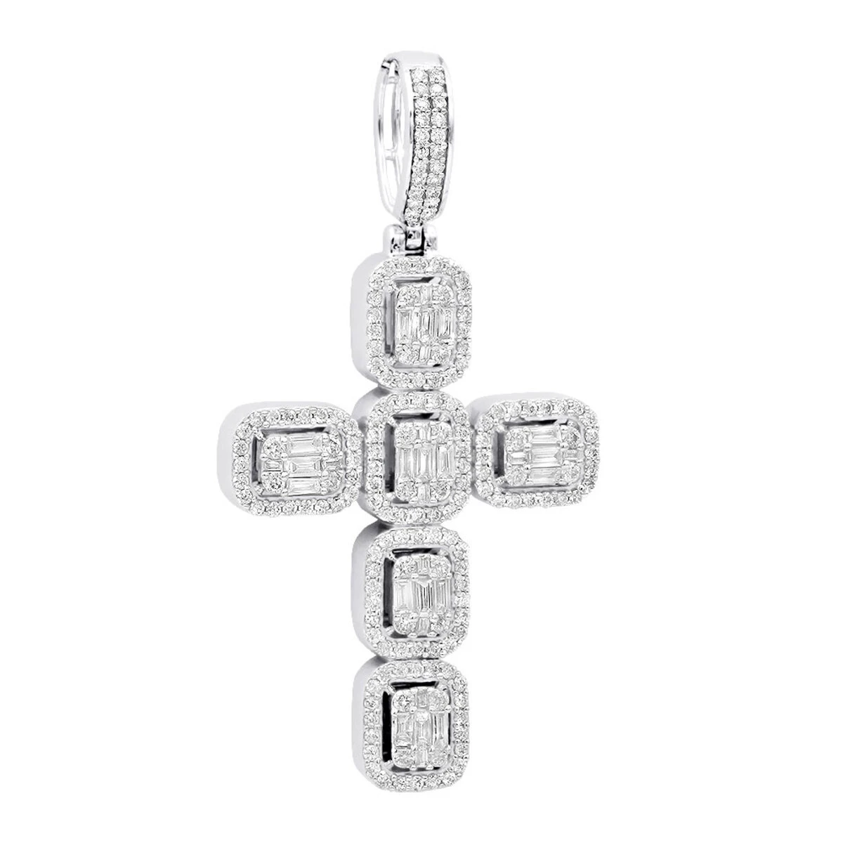 Large 2in Unique Men's Diamond Cross Pendant 14K White Gold Round Baguette Diamonds 1 Large 2in Unique Men's Diamond Cross Pendant 14K White Gold Round Baguette Diamonds