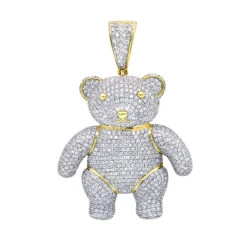 Luxurman Charms 10K Yellow Gold Large Teddy Bear Diamond Pendant Men's 3.25ct