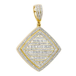 Men's Diamond Rhombus Pendant 1.8ct Baguette & Round Diamonds 14K Yellow Gold