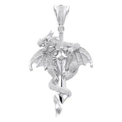 10K White Gold Diamond Dragon On A Sword Pendant For Men 7.25ct By Luxurman
