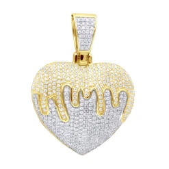 14K Yellow Gold Iced Out Dripping Heart Diamond Pendant For Women 1.3ct