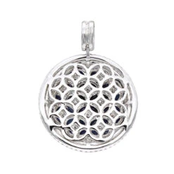 Royal Halo Round Shape Diamond Pendant For Women With Sapphires 14K White Gold 9 Royal Halo Round Shape Diamond Pendant For Women With Sapphires 14K White Gold -Luxurman jewelry royal halo round shape diamond pendant for women with sapphires 14k gold backwh 1