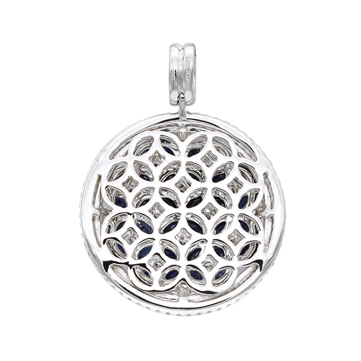 Royal Halo Round Shape Diamond Pendant For Women With Sapphires 14K White Gold 4 Royal Halo Round Shape Diamond Pendant For Women With Sapphires 14K White Gold - Image 4