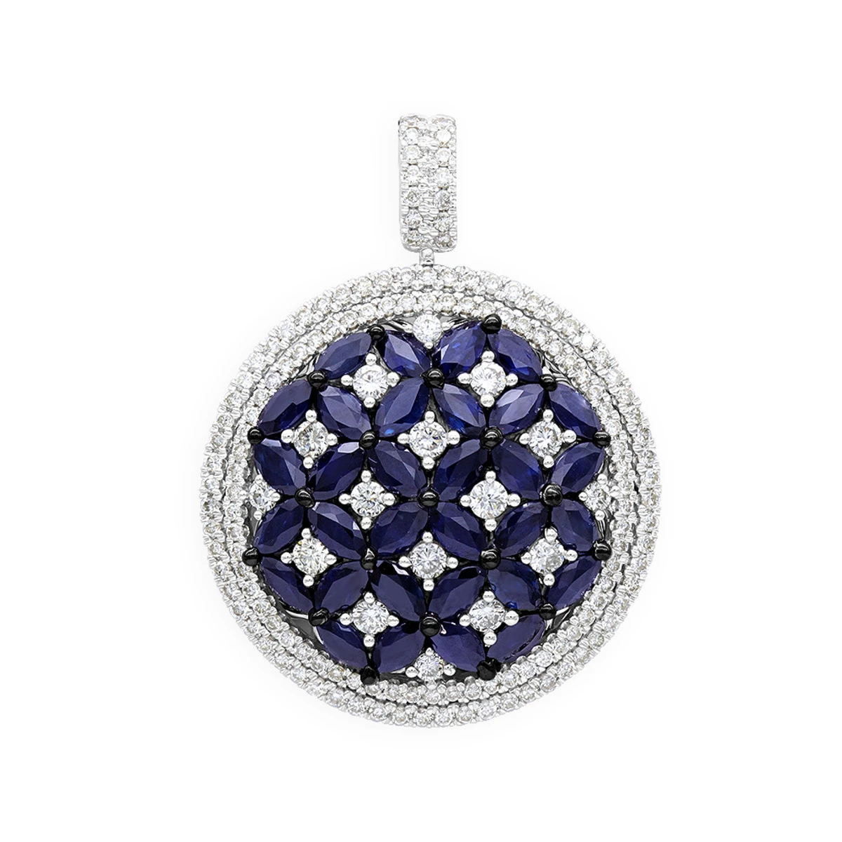 Royal Halo Round Shape Diamond Pendant For Women With Sapphires 14K White Gold 1 Royal Halo Round Shape Diamond Pendant For Women With Sapphires 14K White Gold