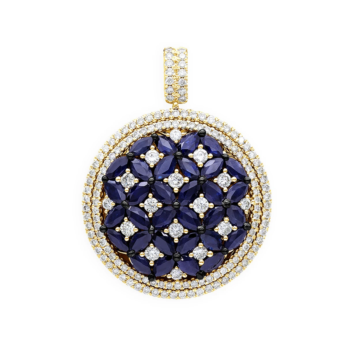 Royal Halo Round Shape Diamond Pendant For Women With Sapphires 14K White Gold 2 Royal Halo Round Shape Diamond Pendant For Women With Sapphires 14K White Gold - Image 2