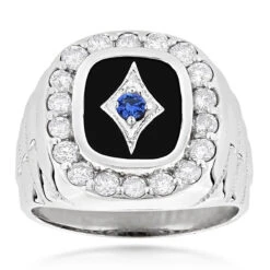 Unique 14K White Gold Black Onyx Blue Sapphire White Diamond Men's Ring 1.68ct