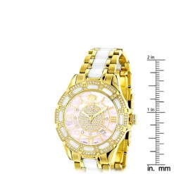 Ladies Diamond Yellow Gold Pld Steel & White Ceramic Watch Pink MOP -Luxurman ladies diamond watches yellow gold pld steel white ceramic watch pink mop ruler