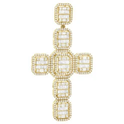 Large 14K Yellow Gold Diamond Cross Pendant For Men W Baguette & Round Diamonds 5Ct