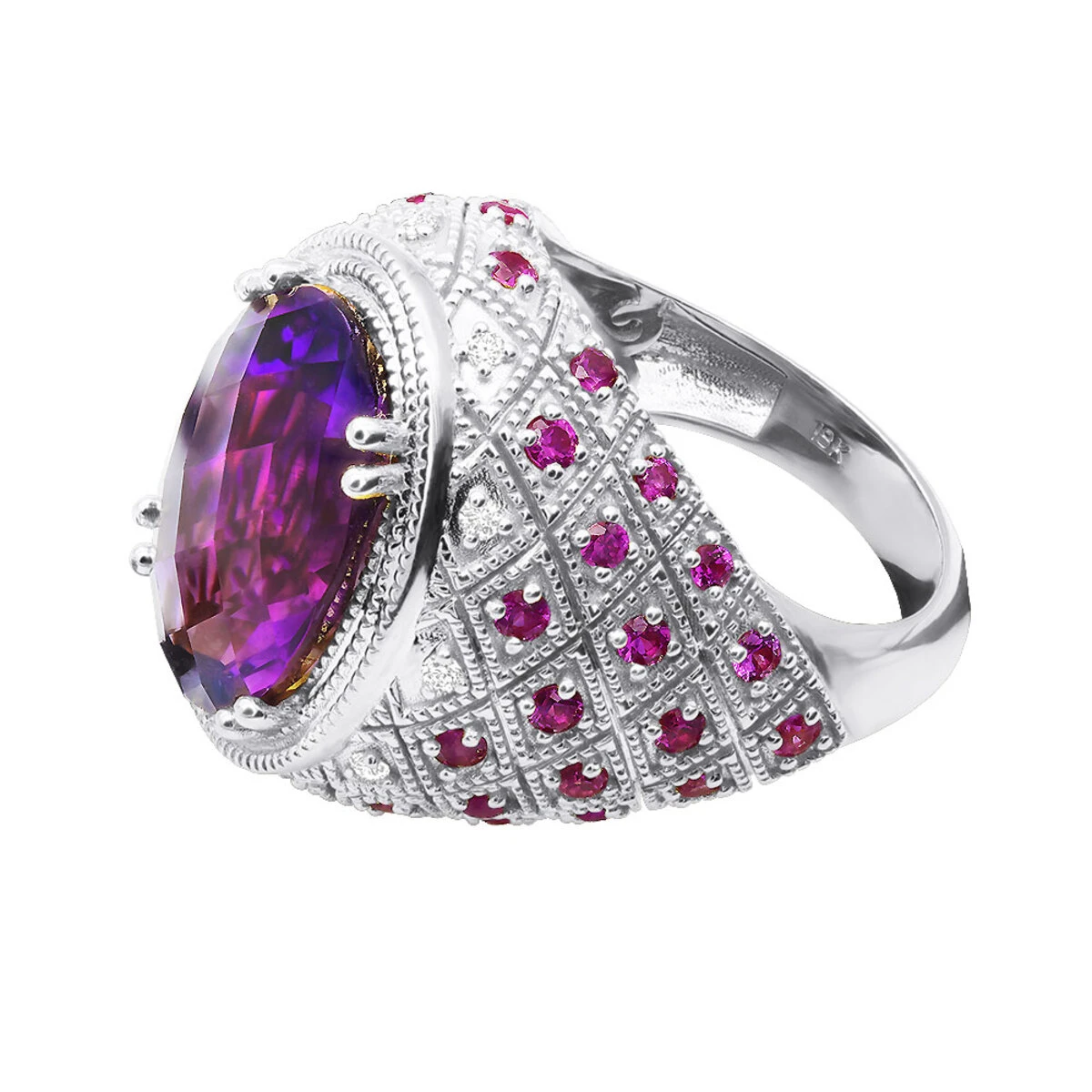 Large Amethyst Cocktail Ring With Diamonds And Pink Sapphires 18K Yellow Gold 4 Large Amethyst Cocktail Ring With Diamonds And Pink Sapphires 18K Yellow Gold - Image 4