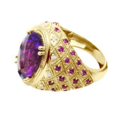 Large Amethyst Cocktail Ring With Diamonds And Pink Sapphires 18K Yellow Gold 12 Large Amethyst Cocktail Ring With Diamonds And Pink Sapphires 18K Yellow Gold -Luxurman large amethyst cocktail ring with diamonds and pink sapphires 18k gold backye