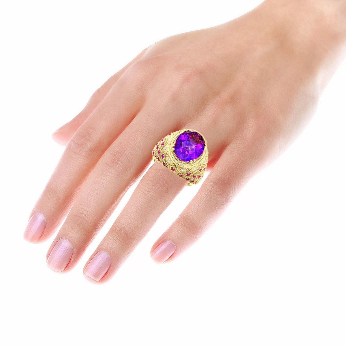 Large Amethyst Cocktail Ring With Diamonds And Pink Sapphires 18K Yellow Gold 7 Large Amethyst Cocktail Ring With Diamonds And Pink Sapphires 18K Yellow Gold - Image 7