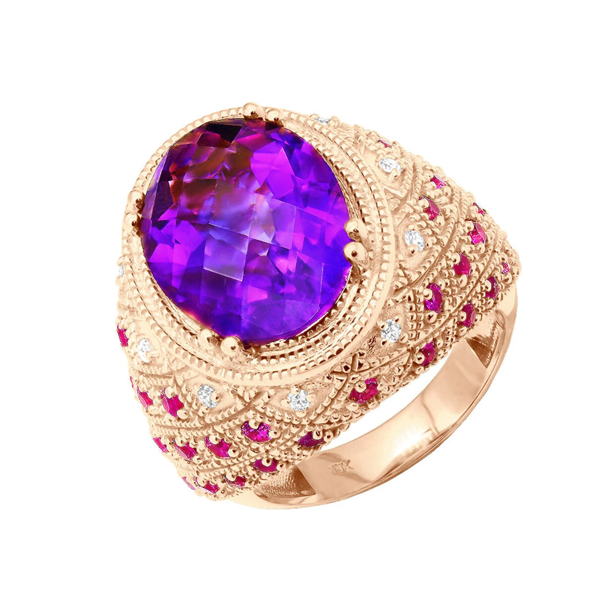 Large Amethyst Cocktail Ring With Diamonds And Pink Sapphires 18K Yellow Gold 3 Large Amethyst Cocktail Ring With Diamonds And Pink Sapphires 18K Yellow Gold - Image 3